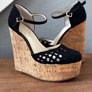 Jessica Simpson Black Crochet Wedge Sandals